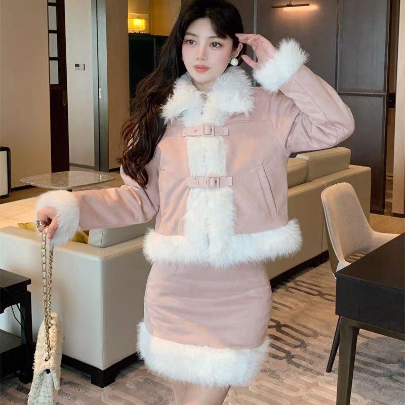 

Two-Piece Coffee Suede Set: Fur Collar Jacket & Midi Skirt for Women M 45-50 kg