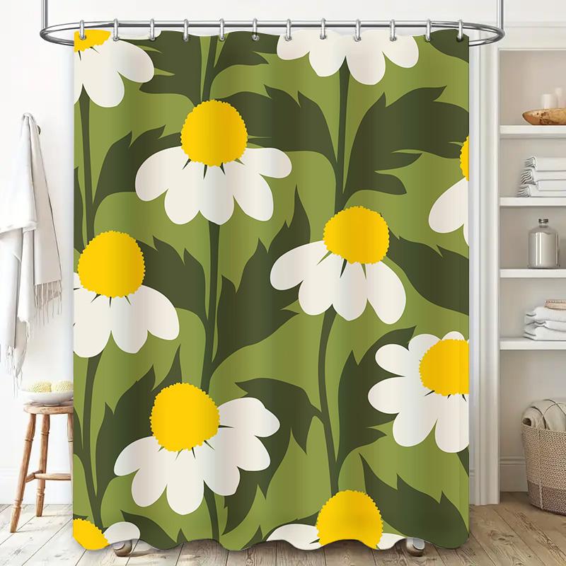 Home Decor Shower Curtain White Daisy Floral Green Bath Mat Waterproof Polyester Bathroom Liner for Kitchen Sink Faucet Cover Se