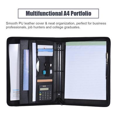 Multifunktionell Professionell Affärsportfölj Padfolio Mapp Dokumentfodral Organizer A4 PU-läder Dragkedjestängning