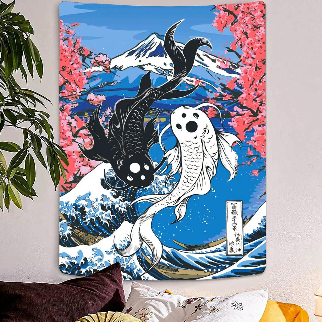 VIKAMA Japanese Wabi Sabi Tapestry Black White Koi Cherry Blossoms Fuji Boho Wall Hanging Home Office Decor