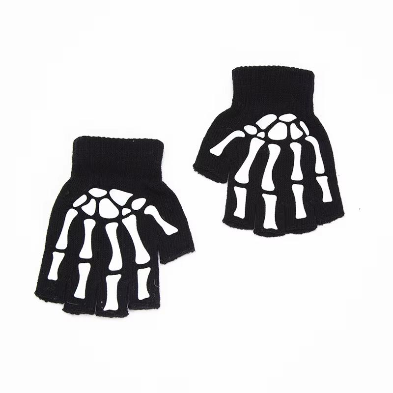 Neu Erwachsene Kinder Halloween Skelett Schädel Halb Finger Leucht Punk Handschuhe Winter