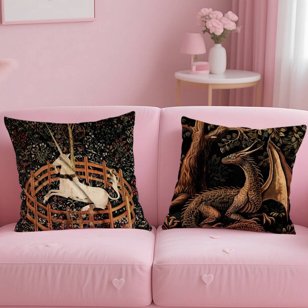 Vintage Medieval Unicorn Art Pillow Case Anti-dustmite Pillowcase Invisible zipper silky short plush Sofa cushion cover