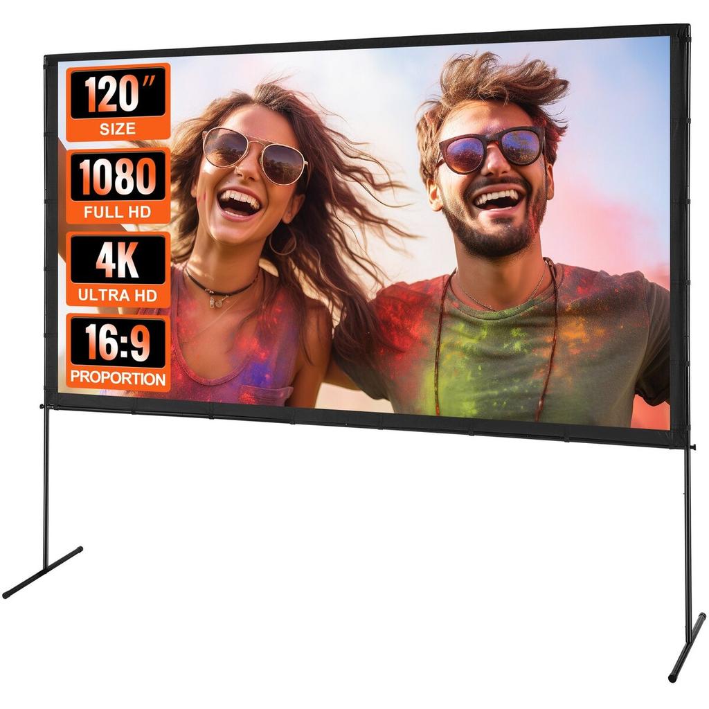 Projector Screen with Stand, 120 inch 16:9 4K 1080 HD Outdoor Movie Screen with Stand, Wrinkle-Free Projection Screen with Bar Feet and Carry Bag, for