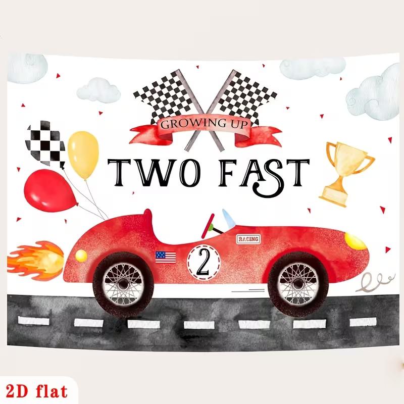 2D Two Fast Birthday Backdrop, Vintage Race Car and Checkered Flag Photography Background