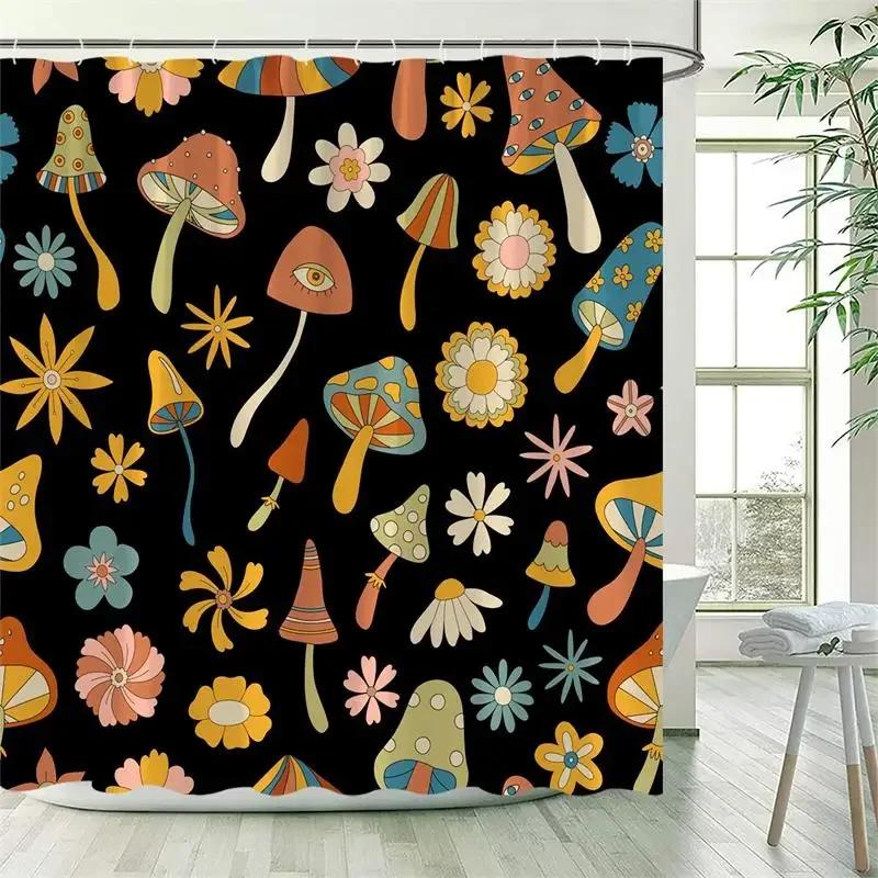 Vintage Mushroom Shower Curtain Funny Animals Squirrel Owl Rabbit Forest Flowers Plant Black Bath Curtains Fabric Bathroom Decor