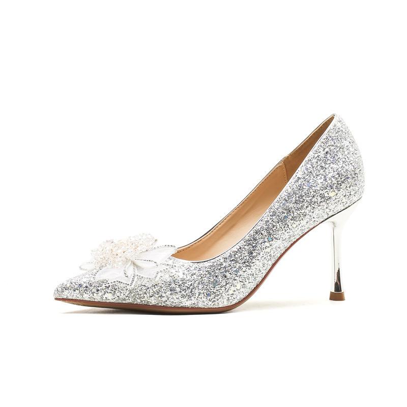 Women's shoes wedding high heels not tired feet silk sequined flower shoes stiletto women's shoes versatile pointed single shoes