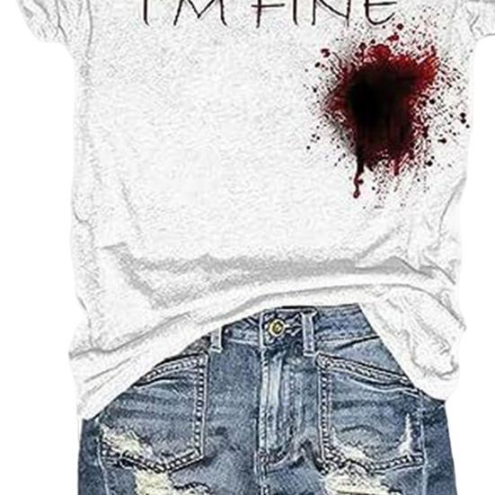 Halloween Blood Shirt Digital Print Blood Stains Text Tee Shirt Women V-neck Tops Casual Wear Funny Horror Clothes