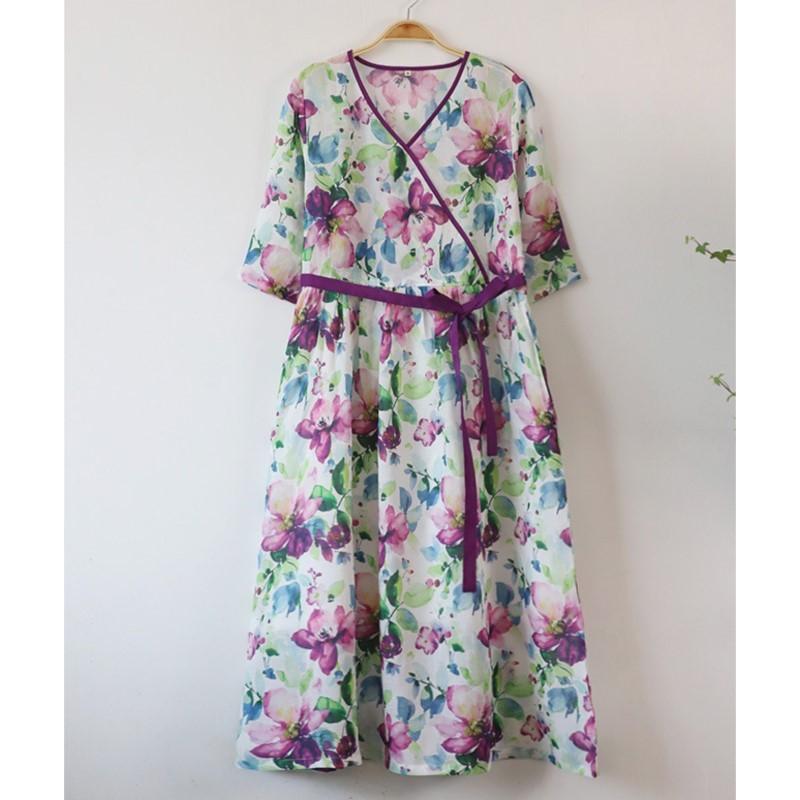 Johnature Woman Spring Fashion Niche V-Neck Casual Retro Dress Half Sleeve Print Chinese Style Vintage Dress
