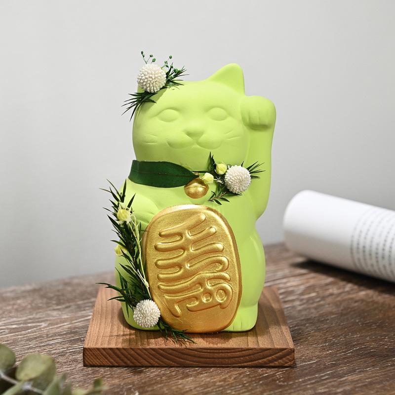 6 Inch Colorful Maneki Neko Ceramic Fortune Cat With Wooden Stand Preserved Flower Collective Lucky Cat Gift Decoration Ornament