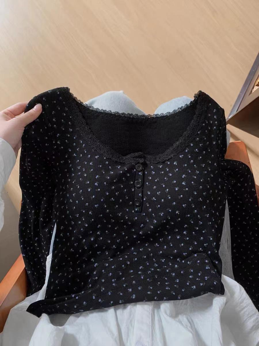 

Женская футболка с длинным рукавом, бархатной подкладкой, цветочным кружевным воротником и нагрудной накладкой для осени и зимы One size, 75-120 jin