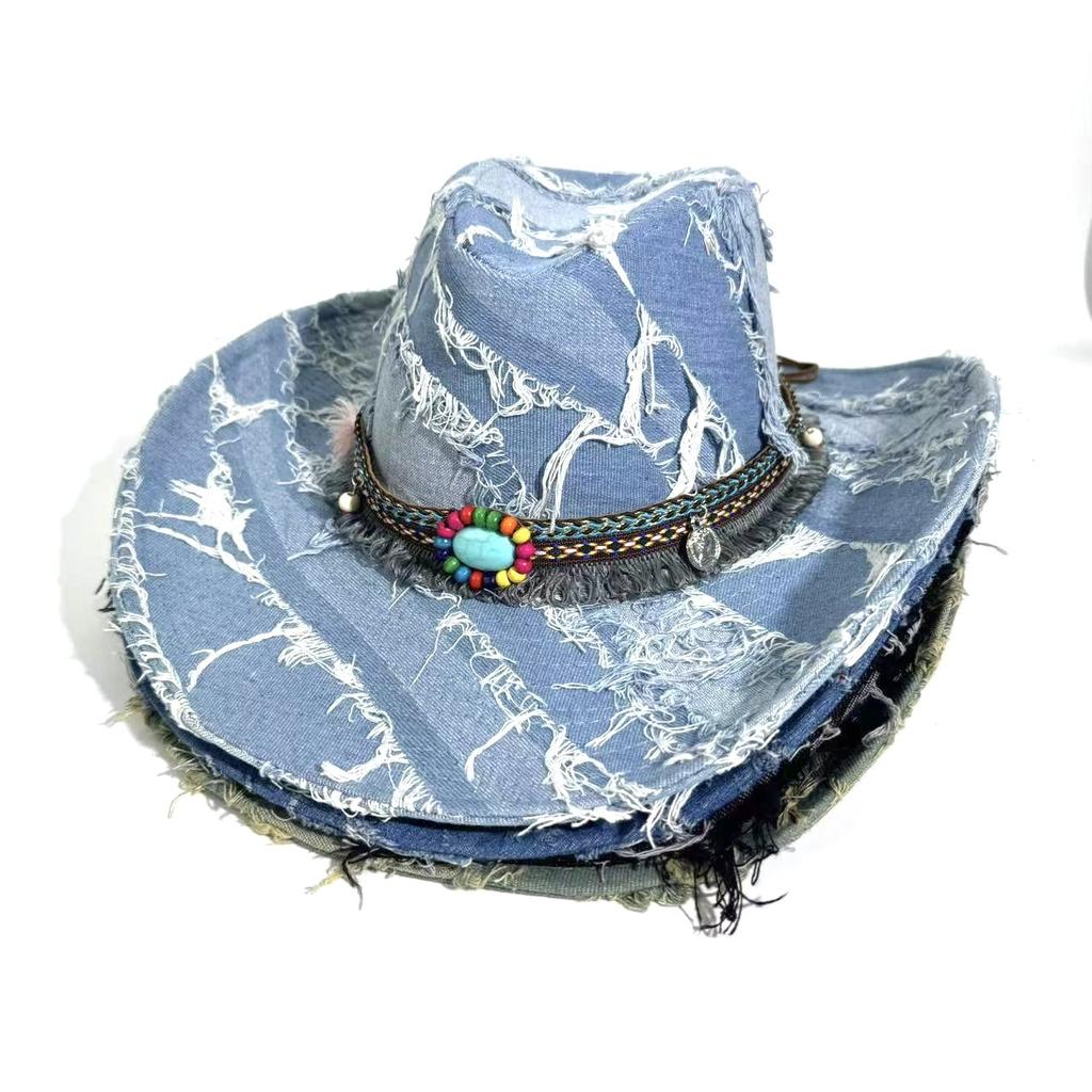 European and American Retro Blue Western Cowboy Hat Women's Spring Summer Travel Sun Protection Big Brim Sun Hat Burr Edge Knight Hat Men