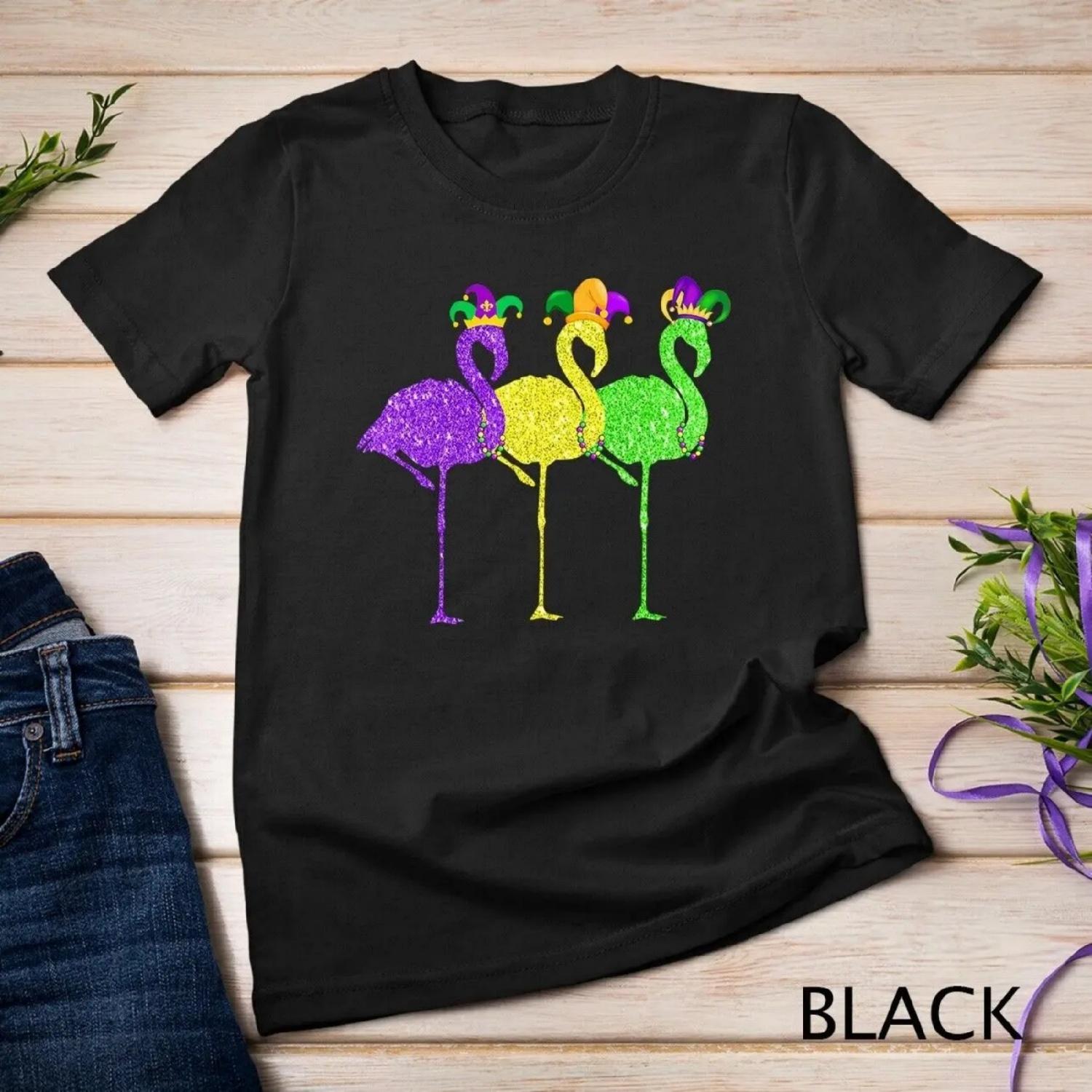 

Beads and Blings Vintage Flamingo Mardi Gras T Shirt XXXXXL різнокольоровий