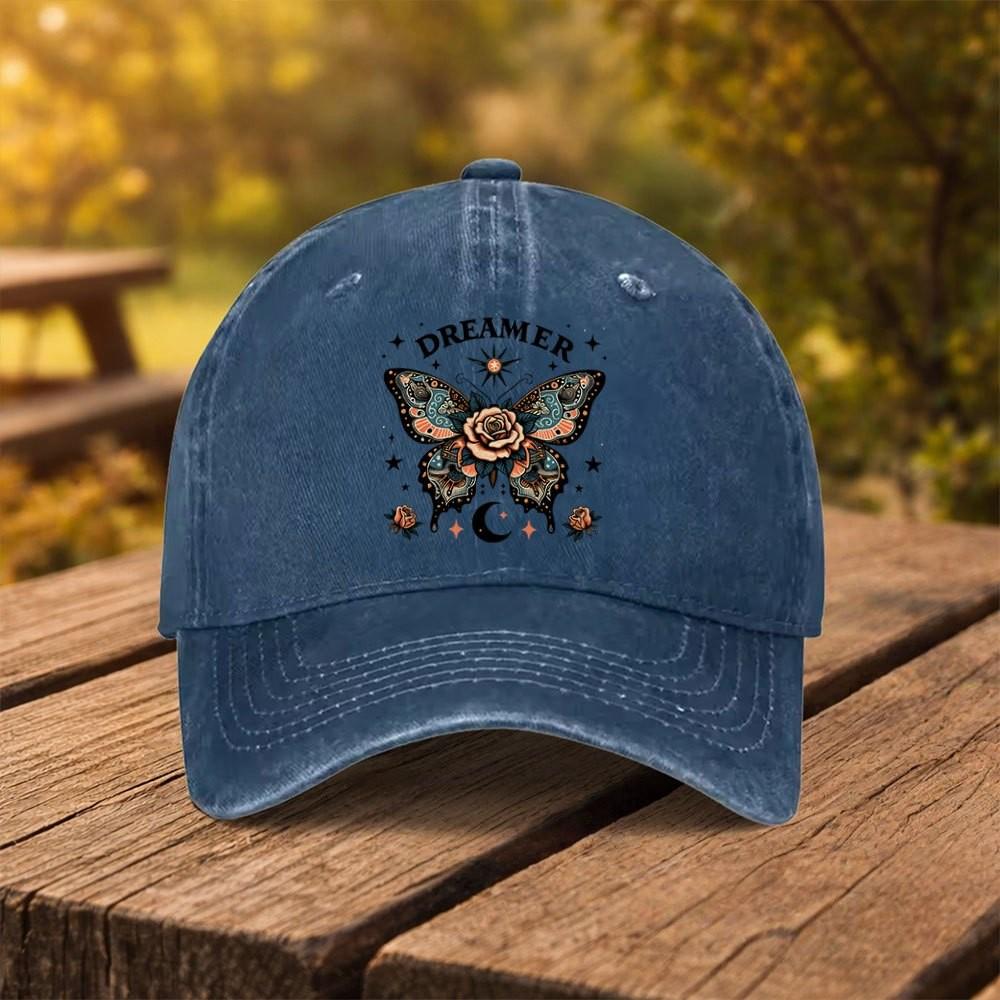 Dreamer Butterfly Rose Washed Baseball Cap Unisex Cotton Adjustable Outdoor Casual Hat