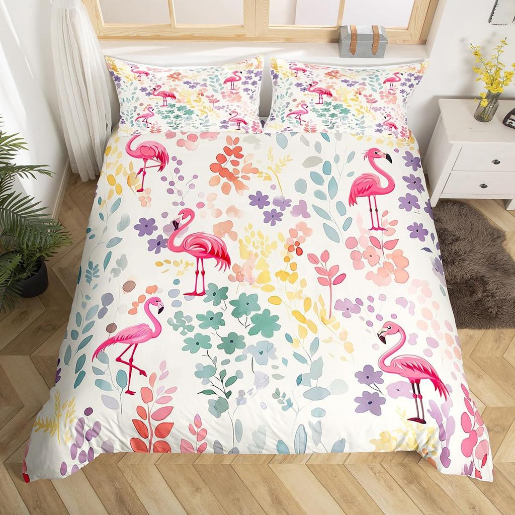 Pink Flamingo Bedding Set Palm Leaves Printed Decor Duvet Cover Twin Size Tropical Green Plants Floral Pattern Nature Themed