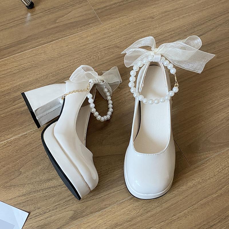 Rimocy Sweet Pearl Strap Platform Pumps for Women Ribbon Bowtie High Heels Mary Janes Shoes Woman Chunky Heel Elegant Pumps 2024