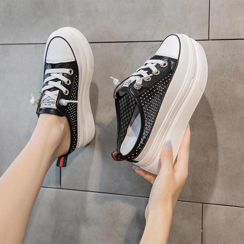 New thick-soled bag head half slippers women's summer outer wear mesh breathable muffin casual little white shoes lazy shoes