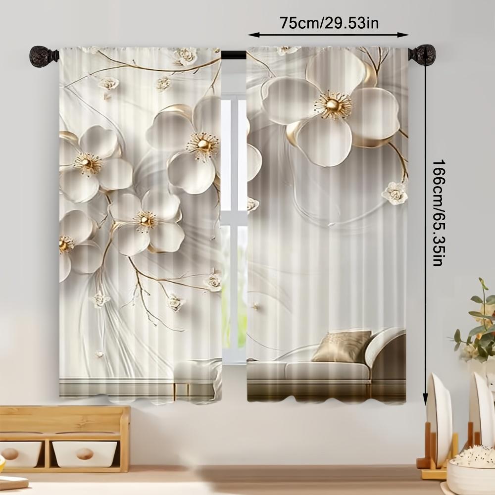 2PC Elegant Floral Sheer Curtains – White & Gold Blooms  Pocket Rod Top for Living Room  Bedroom   Kitchen  Office – Luxe Home Decor