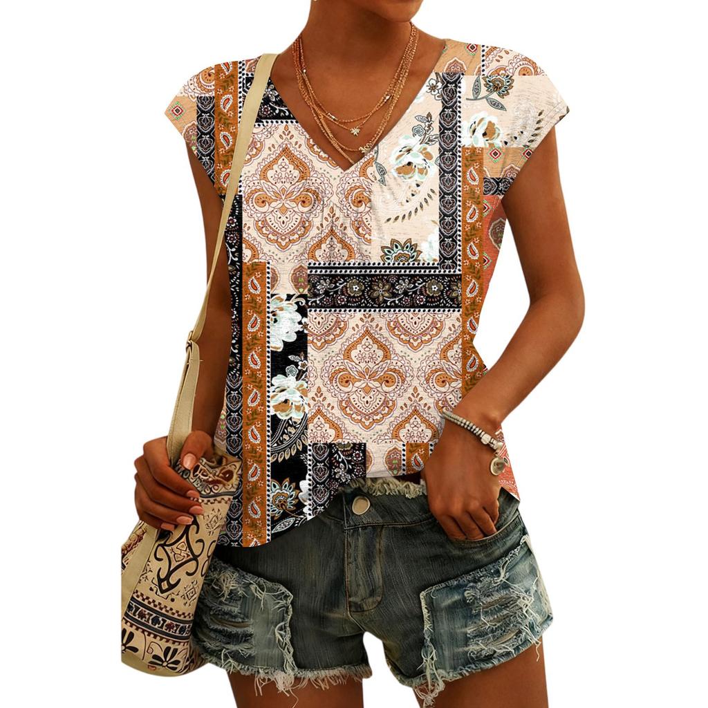 Women's Fashion V-neck Bohemian Print Short Sleeve Top