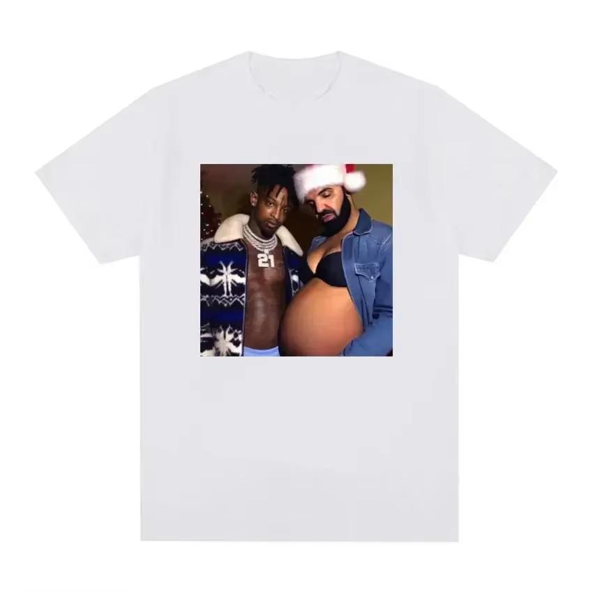 Rapper Drake and 21 Savage Use Fun Meme Pregnancy T-shirts, Women's Hip-hop Style Retro T-shirts, Casual T-shirts