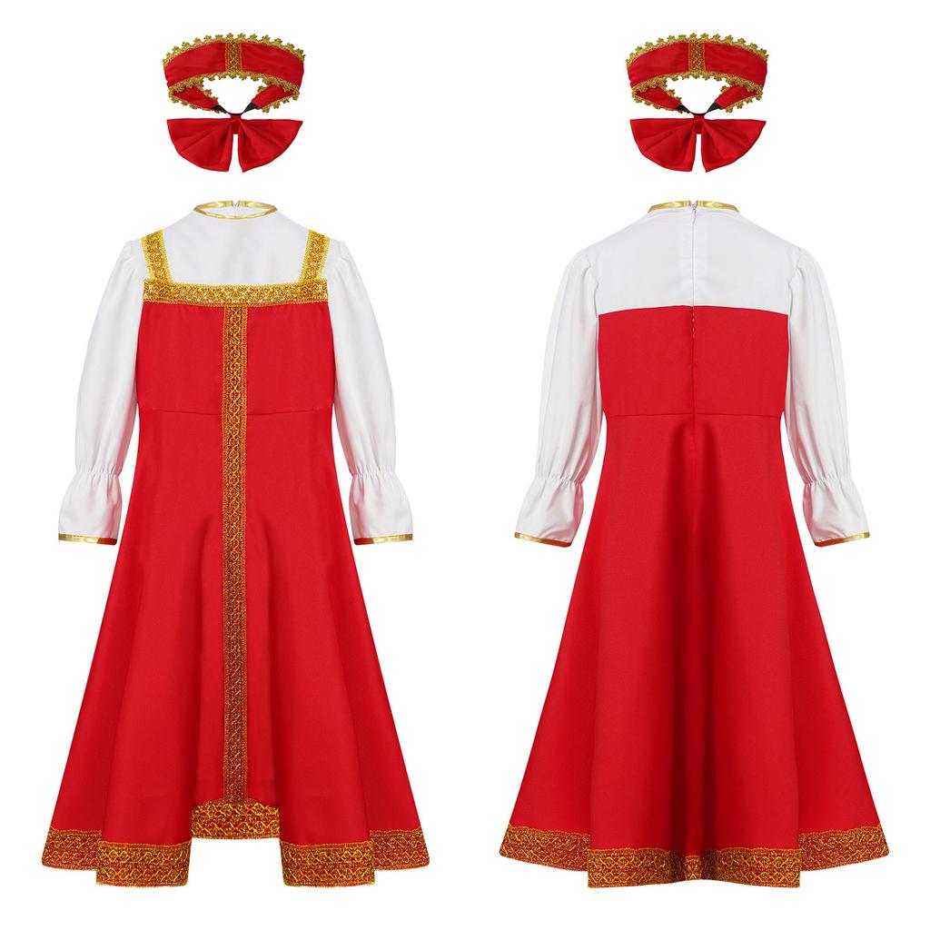 Girls Russian Costume Round Neck Puff Sleeve Gold Embroidery Knee Length Dress Beautiful Headpiece Traditional Set
