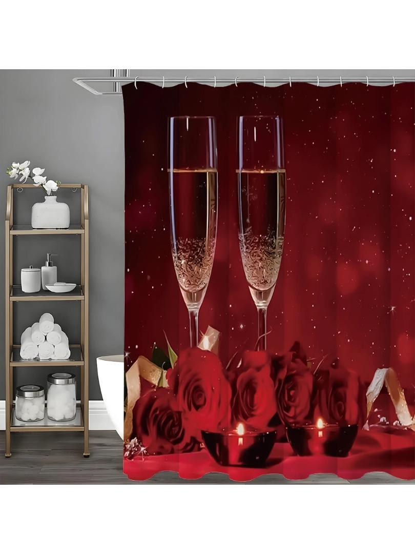 

Valentine S Day Champagne Rose Candle Shower Curtain, Bathroom Decorative Shower Curtain, Waterproof Shower Curtain With Hooks W60H190(CM)-1 Pcs