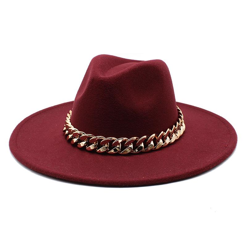 Wind Season Big Eaves Hat Thick Chain Flat Edge Top Hat Men'S And Women'S Woolen Jazz Hat Lmn177