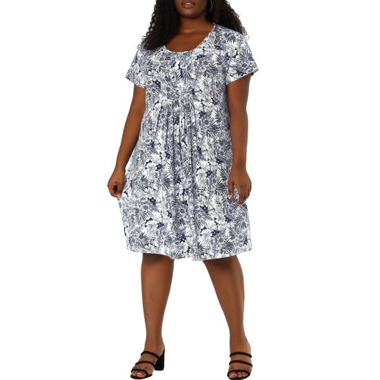Women Dress Round Neck Short Sleeve Pleated Detail Short Dress Floral Print