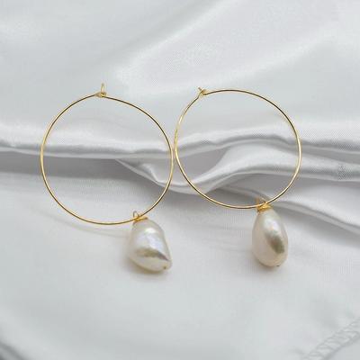 Round Earrings White Natural Freshwater Pearls Large Gold Earrings Baroque Pearls Handmade Gold Earrings Women's Earrings