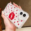 Red Lips Print Phone Clear Anti-Fall Case Shell For iPhone 16 Pro Max 16E 15 14 Pro 13 12 11 Diamond Frame Soft Silicone Shockproof Phone Cover