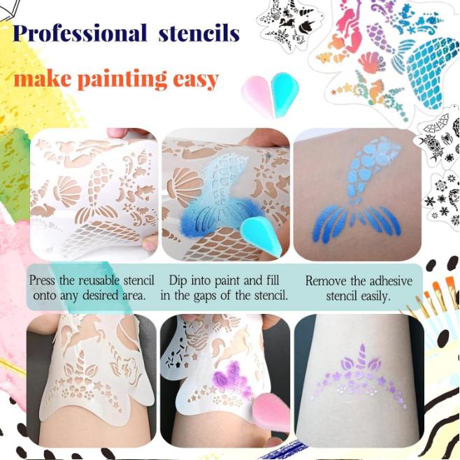 Face Paint Palette, Halloween and Easter Face Painting Makeup, Bright Colors, Quick Drying, Glitter, Gradient Effects & Stencils