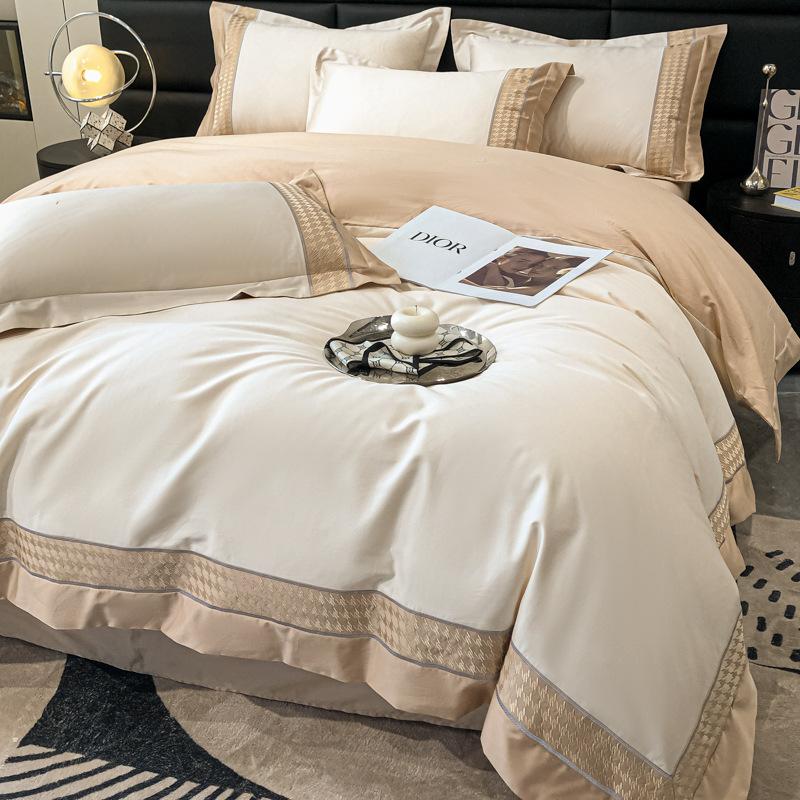 Set da quattro pezzi per letto in cotone a fibra lunga di classe A, lenzuolo con angoli ricamato, lenzuolo con angoli, copripiumino, puro cotone, ad alta densità, ad alto numero di titoli