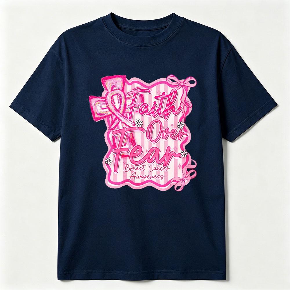 Preppy Breast Cancer Faith Over Fear Coquette Tshirt Breast Cancer Awareness Shirt Breast Cancer Cotton Tee Pink Ribbon Clothing
