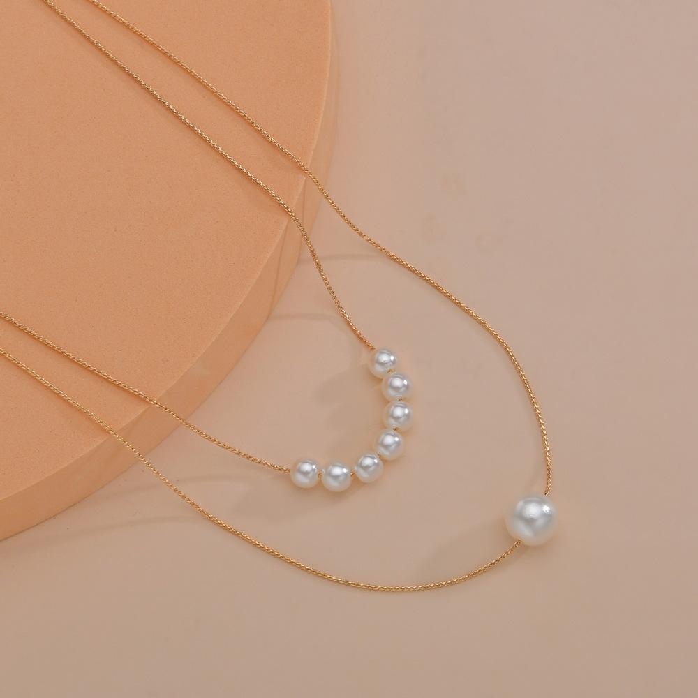 Commuter Ins Wind Double Stacked Pearl Necklace Gentle Multi-layer Pendant Necklace Metal