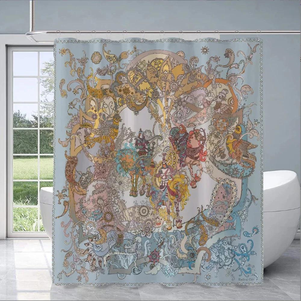 Rustic Countryside Toile Print Water-Resistant And Mildew-Resistant Shower Curtain With Classic Design For Bathroom Decor
