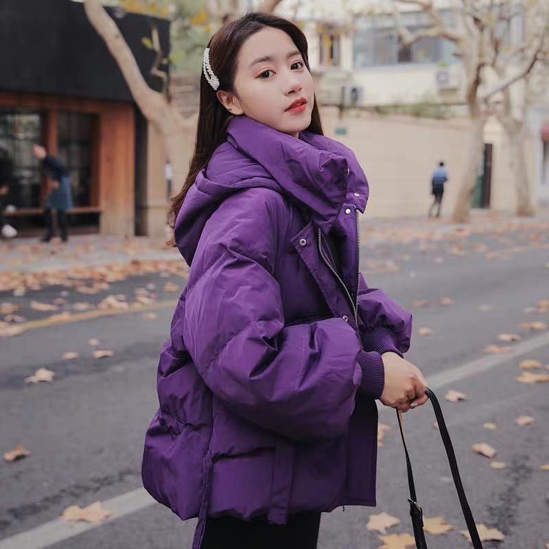 Korean Winter Purple Cotton Coat Women Short Loose Solid Color Trendy Outerwear