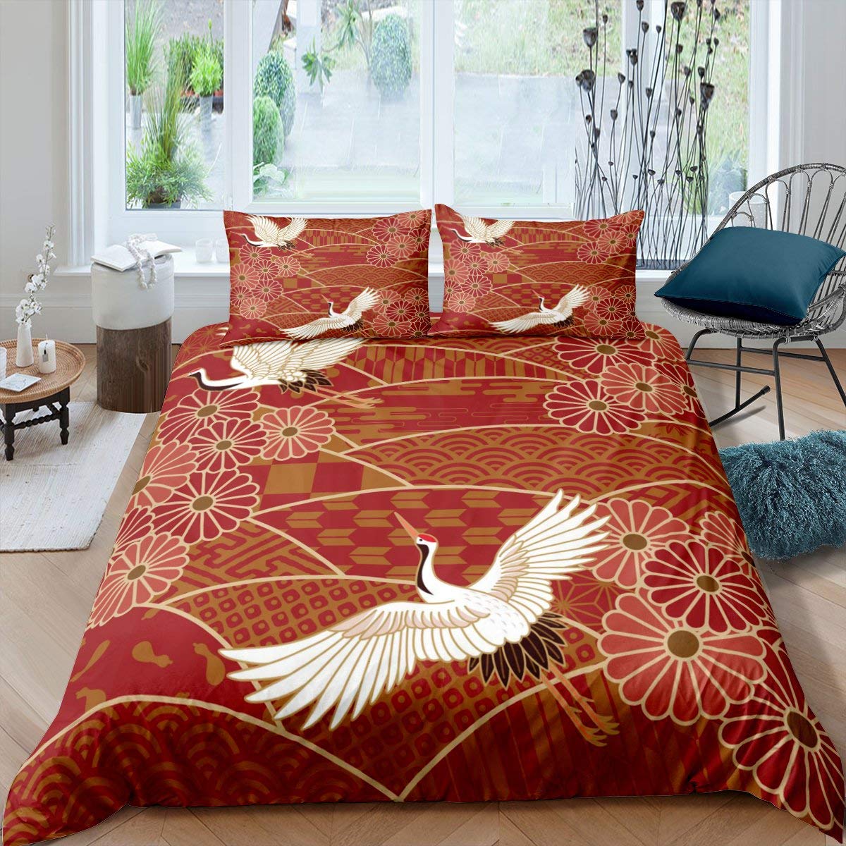 

Crane Soft Duvet Cover Set Japanese Style Beding Set featuring Pilowcases Girly Bedrom Decor Chery Blosoms Patern Warm Comforter Covers 100*200cm Single
