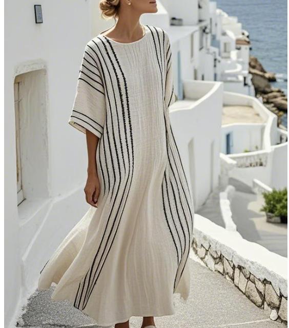 3D digital printing V-neck five-quarter sleeve long pocket Kaftan dress