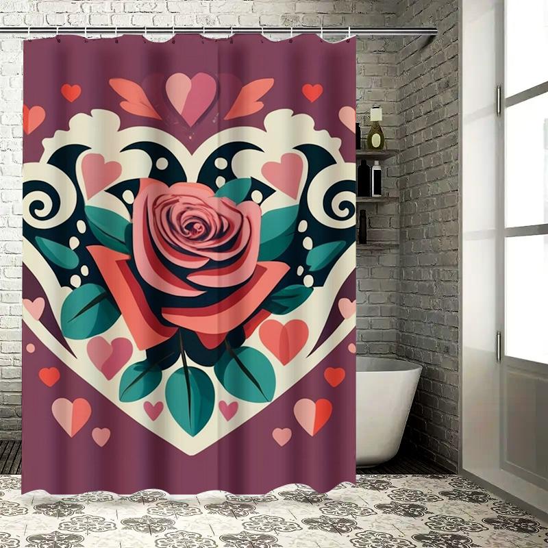 Elegant Rose Heart Shower Curtain - Waterproof, Mildew-Resistant, Machine Washable For Romantic Bathroom Decor