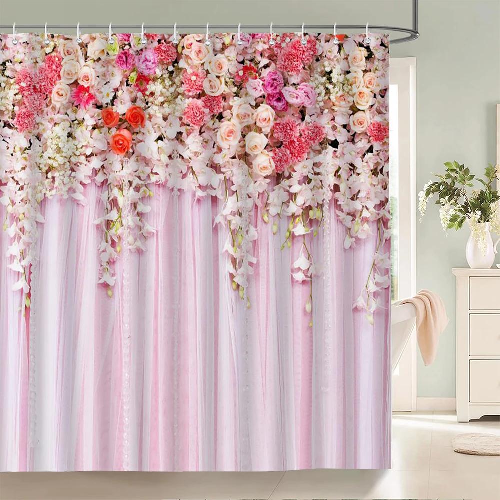 Home Shower Curtains for Bathroom Waterproof Fabric Nordic Style Artificial Flower Wall Pattern Bathroom Curtains Shower Curtain