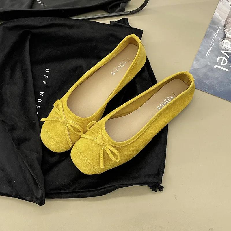 New Women's Shoes with Light Color Contrast Soft Bottom Flat Bow Sole Shoes Boat Shoe Elegant Round Toe Female Footwear 2025