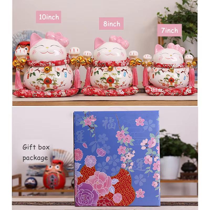 Ceramic Lucky Cat Money Bank Maneki Neko Fortune Cats Porcelain Happy Smiling Cat Figure Feng Shui Decor Ornament