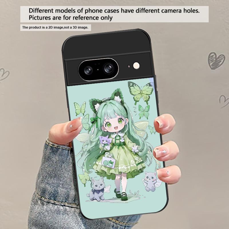 Q-version Blue Butterfly For Google Pixel 8 7 9 10 Pixel 10 Pro XL Pixel 9 Pro XL Pixel 8a 7a Pixel 7 Pro Black Glass Phone Case