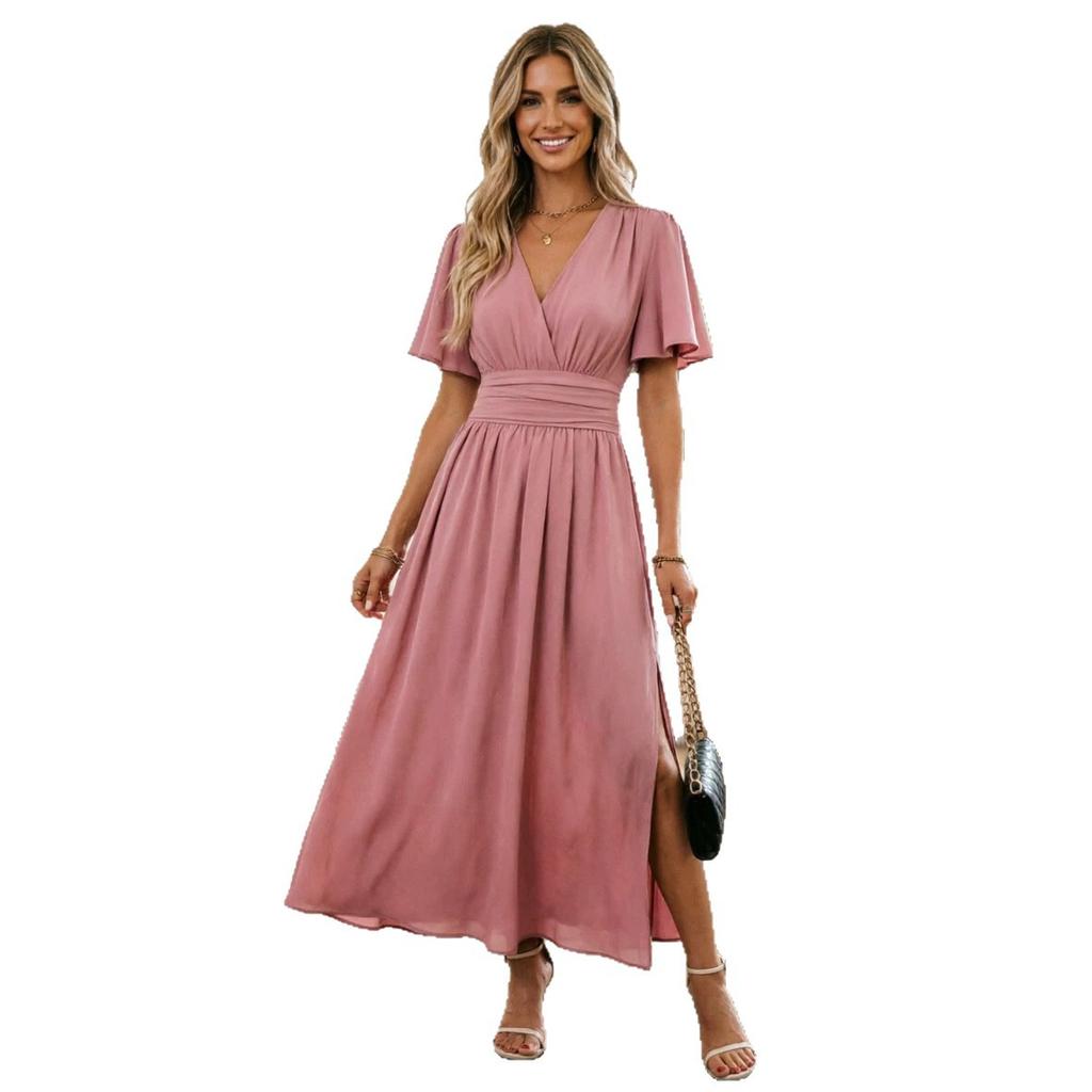 European and American Cross-border Foreign Trade New Women's Clothing Solid Color Dark V-neck, Waist Long Skirt, Split Skirt Dress Women
