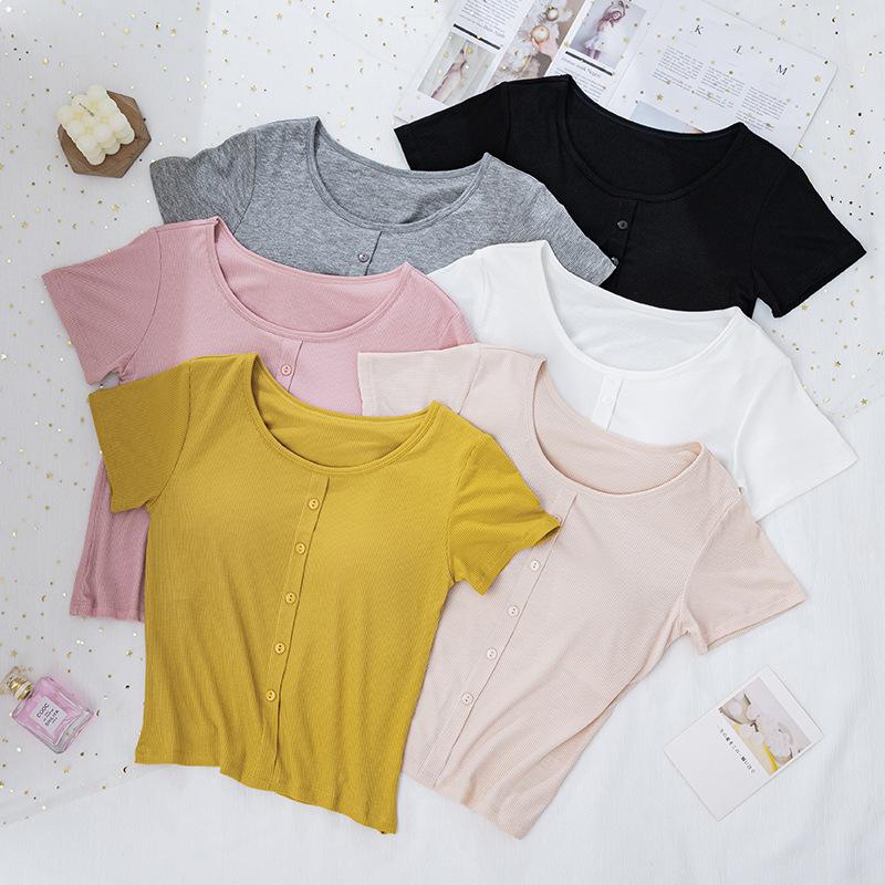 Ribbed Cropped Bodycon T-Shirt with Built-in Bra Pads and Fixed Short Sleeves