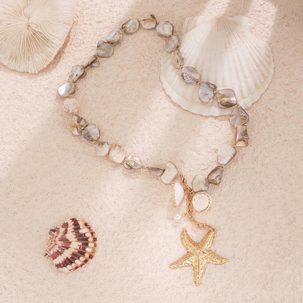 Retro Starfish White Shell Conch Pendant Necklace Women Simple Creative Colorful Stones Hand Woven beach Jewelry Girls
