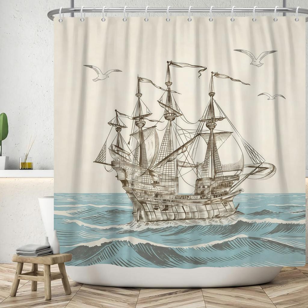 Nautical Theme Shower Curtain With Hooks Sailboat Anchor Seashells Starfish Waves Watercolour Art Modern Bathroom Curtain Decor