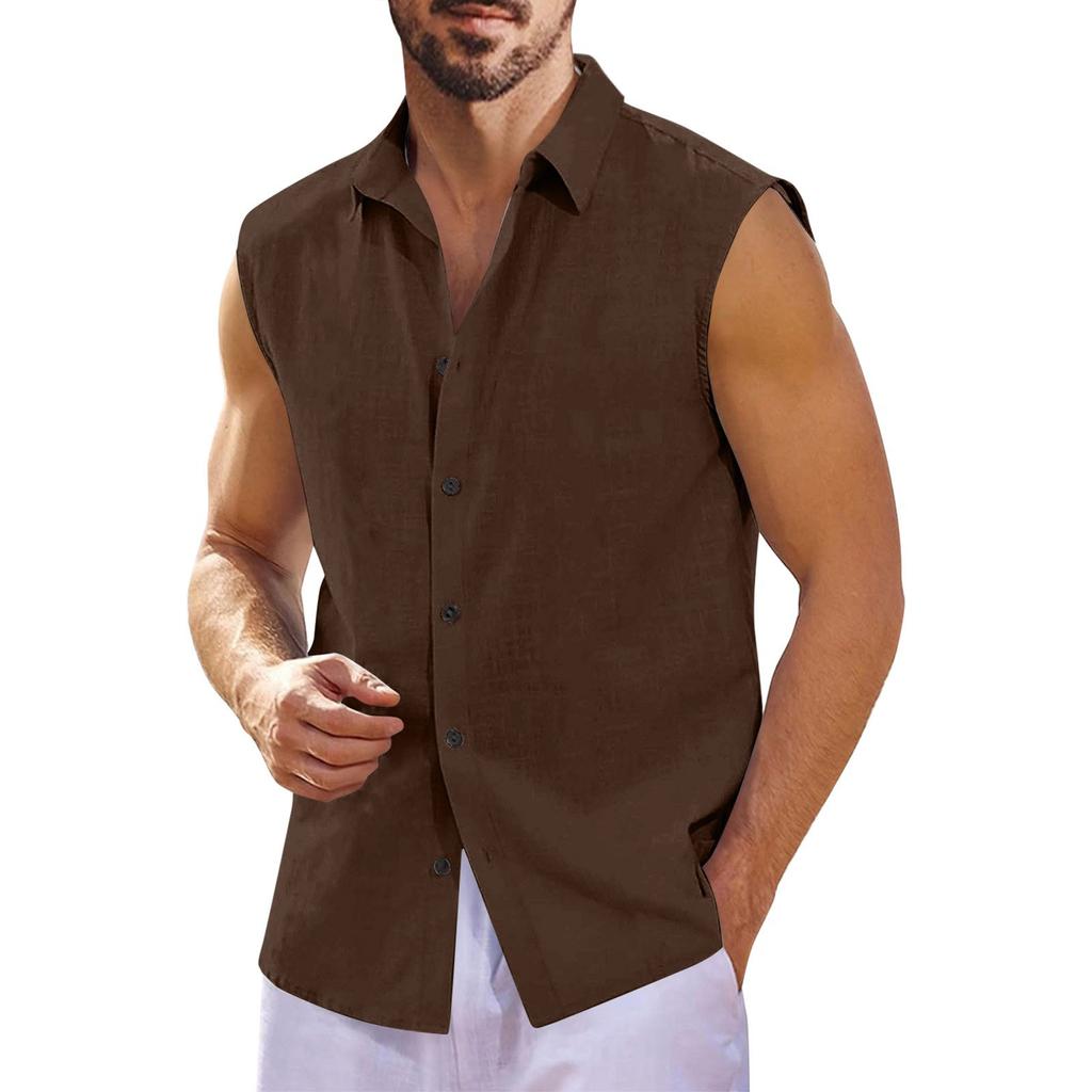 Men's Summer Hawaiian Solid Color Sleeveless Button-Down Shirt