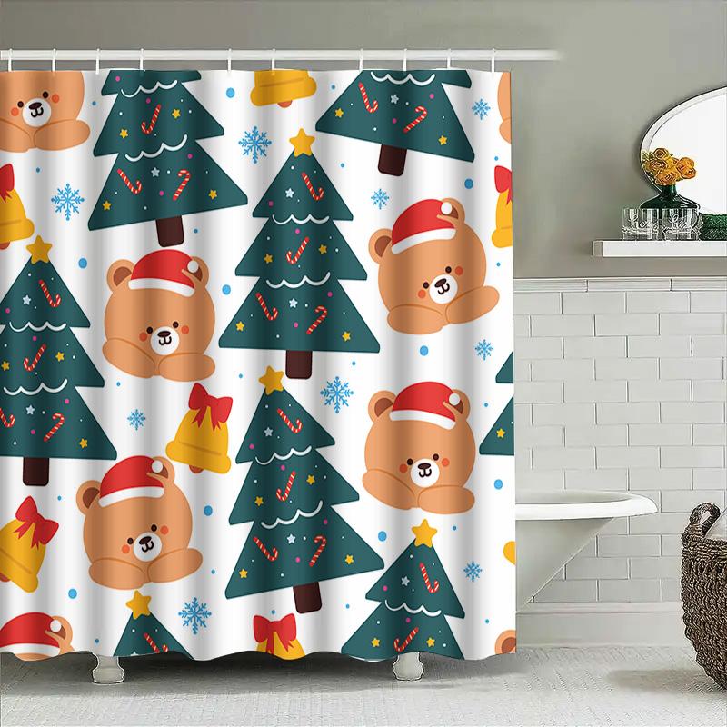 Teddy Bear Christmas Shower Curtain Decorative Fabric Print Waterproof Bath Mat Set For Kids Bathroom (Green)
