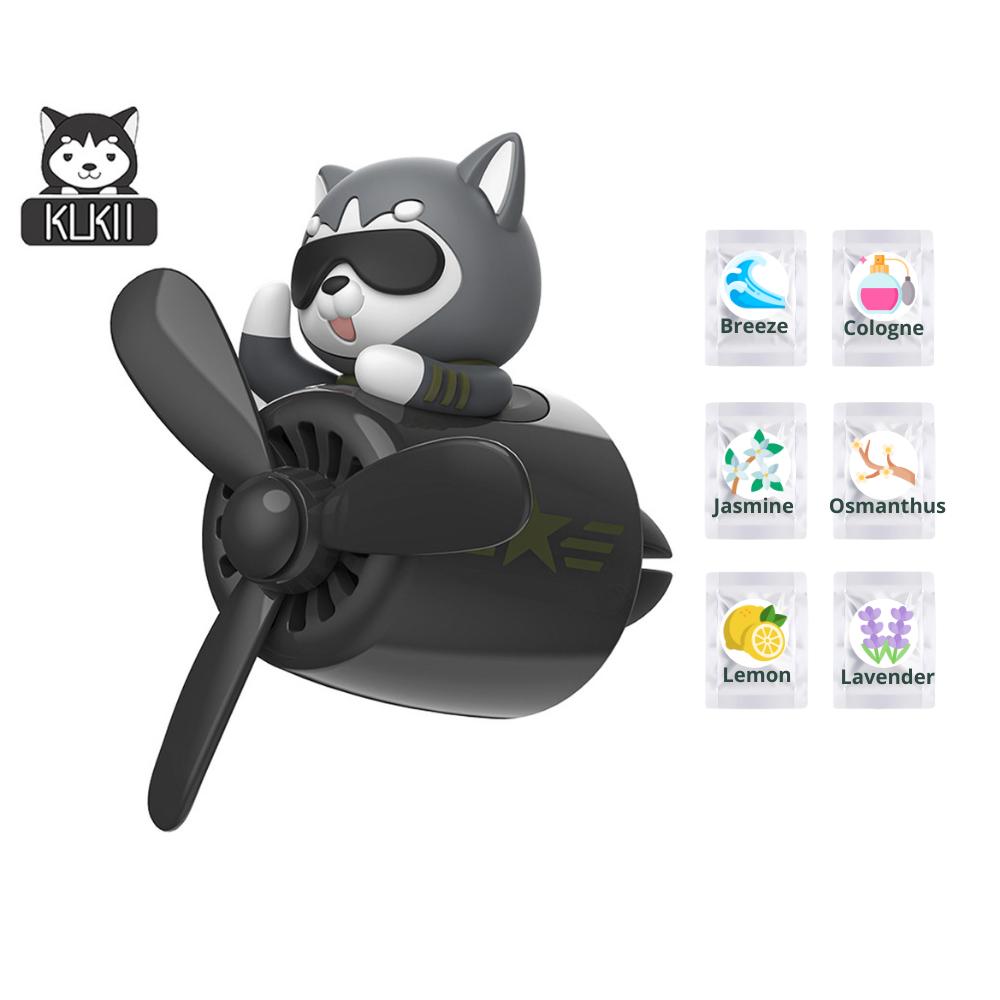 KUKII Pilot Bear Car Air Freshener - Rotating Propeller Vent Diffuser with Essential Oil Tablets, Aviation Design, With 6 Fragrance refill