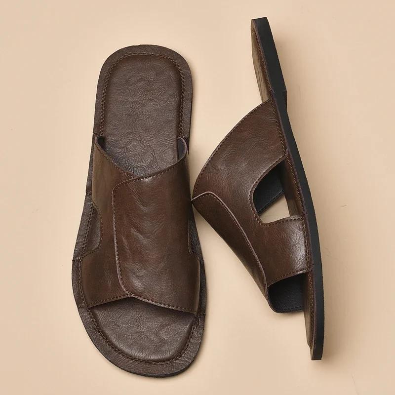 Fashion 2025 Summer New Soft Bottom Outdoor Shoes Men Fashion Genuine Leather Waterproof Sandals Casual Slipper Cool Beach Shoes Flats